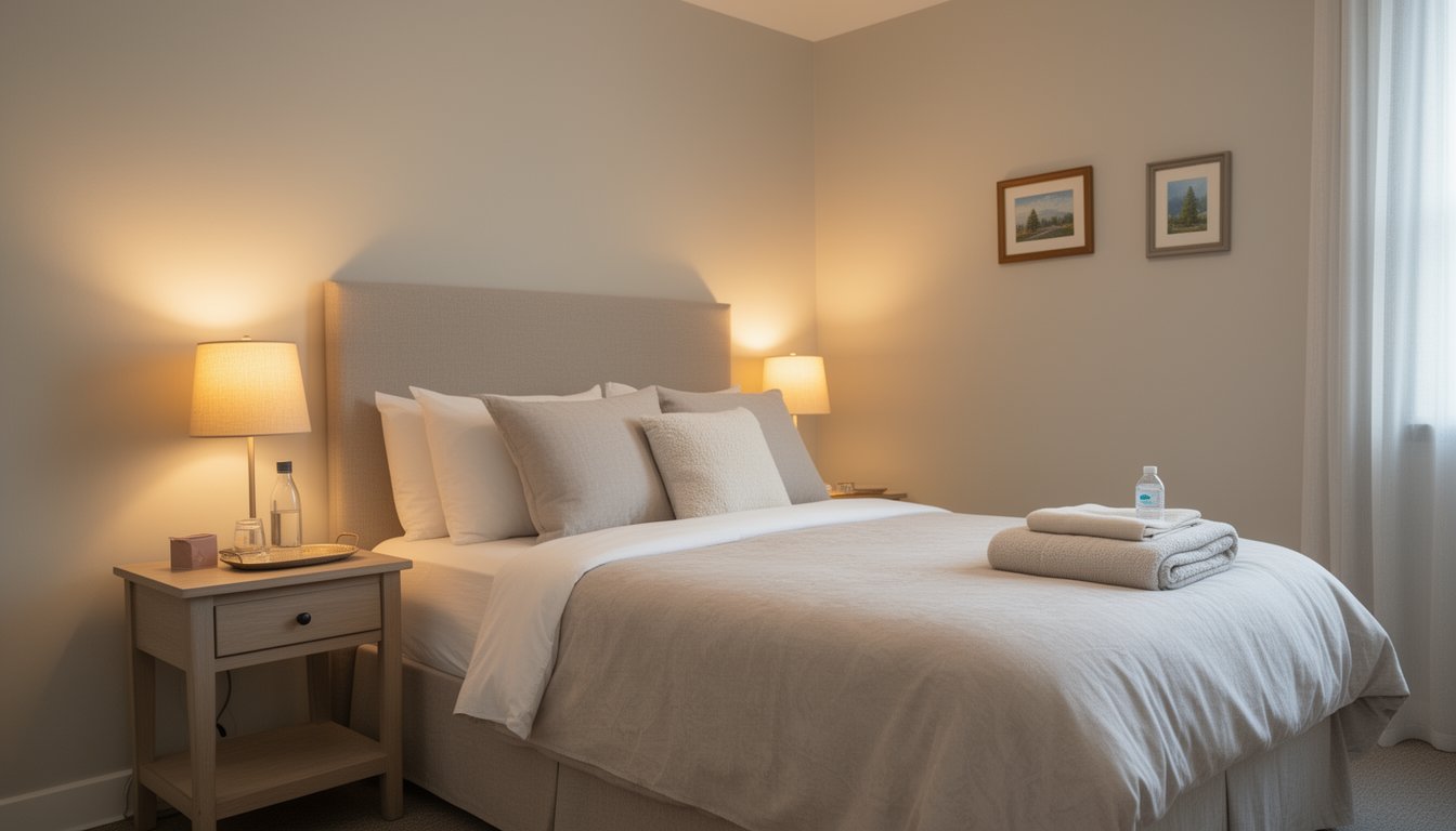 Residential treatment home bedroom with cozy textures reflecting medication assisted treatment care.