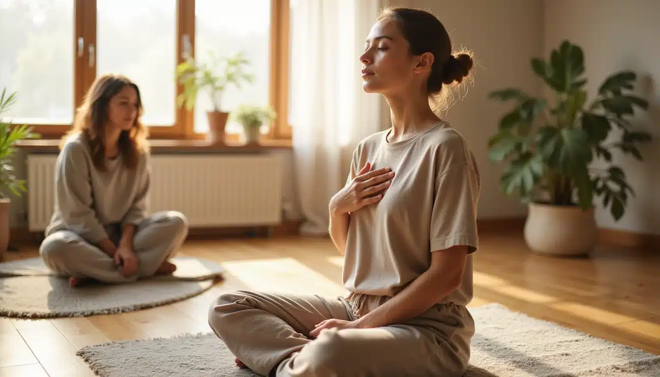 A woman sits cross-legged on a rug with her eyes closed and one hand on her chest while practicing mindful breathing in a bright, sunlit room. Another woman sits quietly in the background near a window, creating a calm and supportive therapy or mindfulness setting.