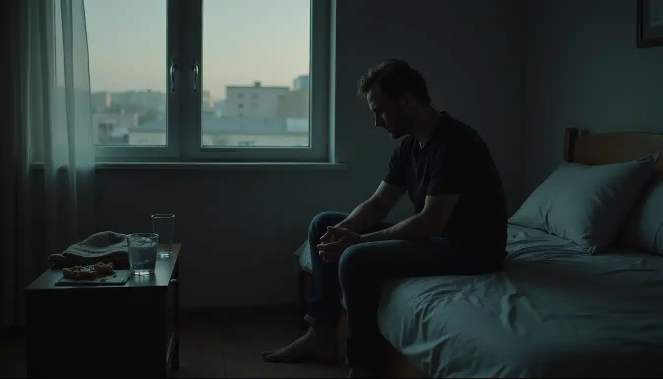 An adult sits alone on the edge of a bed with clasped hands and a tired, anxious expression in a softly lit bedroom. Morning sunlight filters through a nearby window, highlighting the emotional difficulty of navigating addiction recovery without support while conveying a sense of hope and resilience.