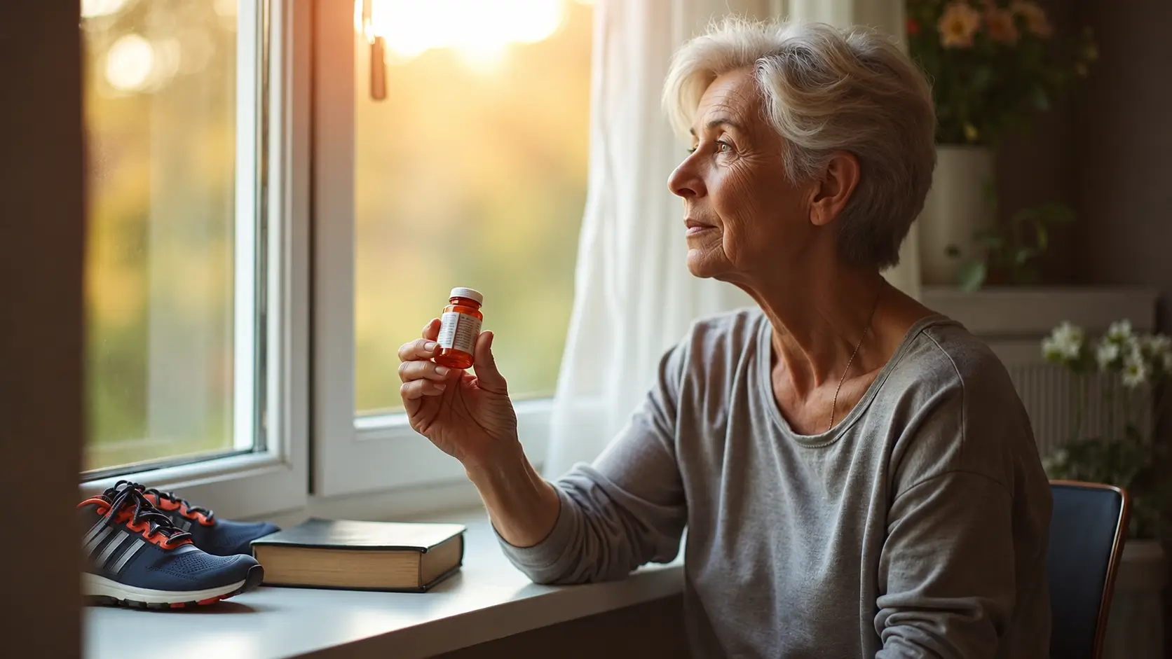 An elderly woman with short gray hair sits beside a bright window, holding a prescription medicine bottle while looking thoughtfully outside. A pair of running shoes and a closed book rest on the windowsill, suggesting a healthy lifestyle and medication management in a calm, home setting.