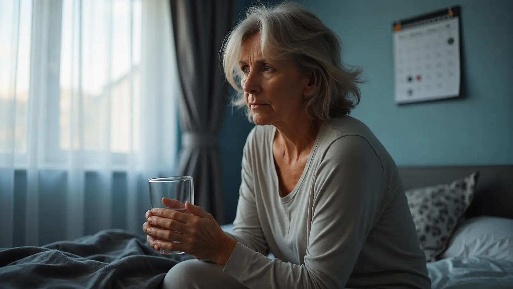 An older woman sits on the edge of a bed in a softly lit bedroom, holding a clear glass of water with both hands while looking thoughtfully toward a nearby window. A wall calendar and neatly made bed in the background create a calm, reflective setting, suggesting hydration, wellness, or health management.
