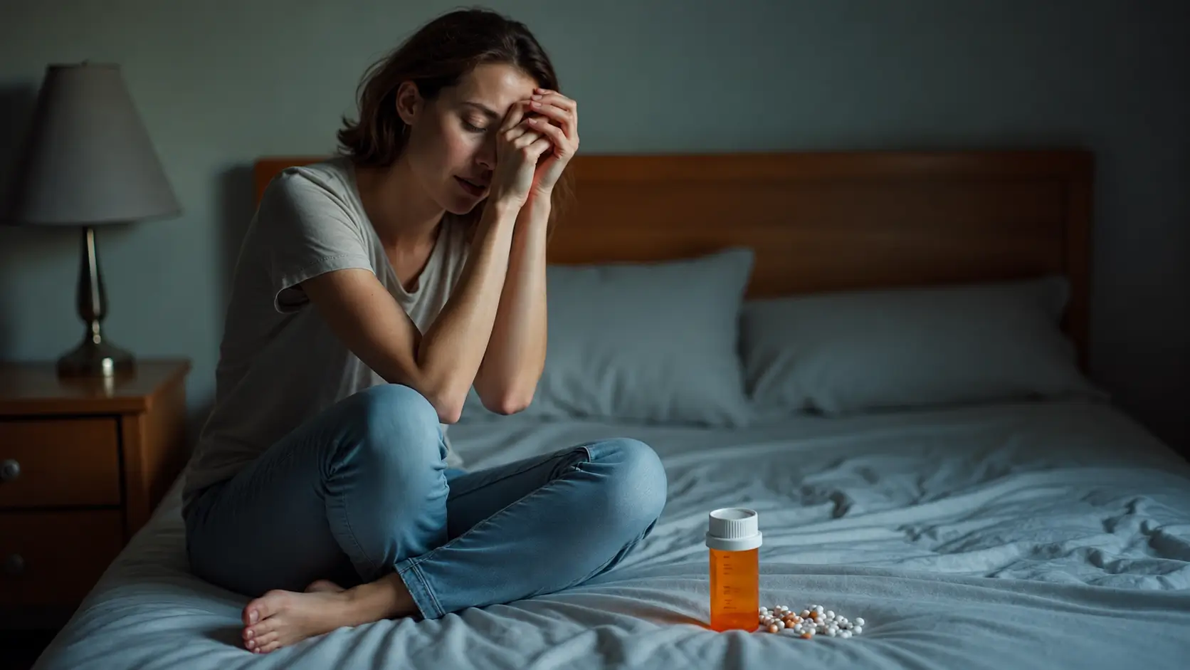 A woman sits cross-legged on a bed with her eyes closed and hands pressed against her forehead, conveying stress or emotional exhaustion. An orange prescription pill bottle and scattered tablets rest on the bed nearby in a dimly lit bedroom, illustrating a moment of mental health struggle, medication use, or chronic illness.