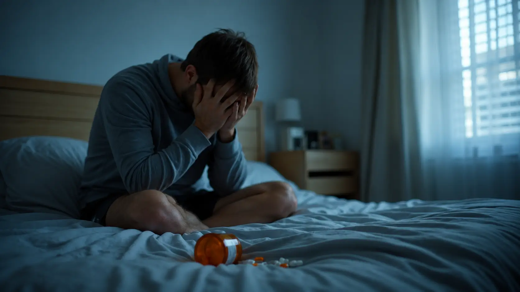 A man sits hunched over on a bed in a dimly lit bedroom, covering his face with both hands in apparent emotional distress. An orange prescription pill bottle with scattered tablets lies in the foreground, creating a somber scene that suggests mental health struggles, chronic illness, or the challenges of medication use.