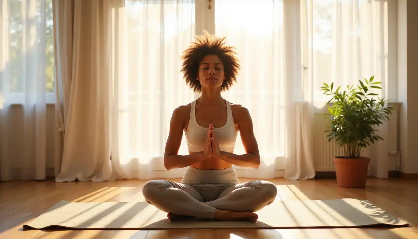 A woman with curly hair sits cross-legged on a yoga mat in a bright room, eyes closed and hands resting over her heart while practicing meditation. Warm sunlight filters through sheer curtains, with a potted plant and wooden floor creating a calm, peaceful wellness setting.