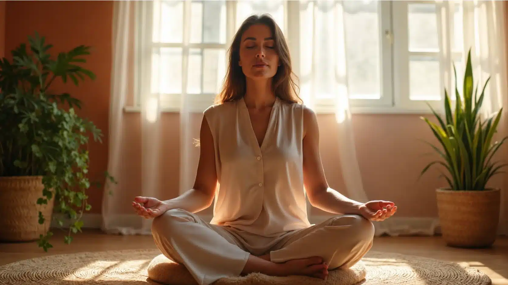 Mindfulness and Meditation for Emotional Wellness Woman sitting cross-legged on a cushion and practicing meditation in a bright room with indoor plants.