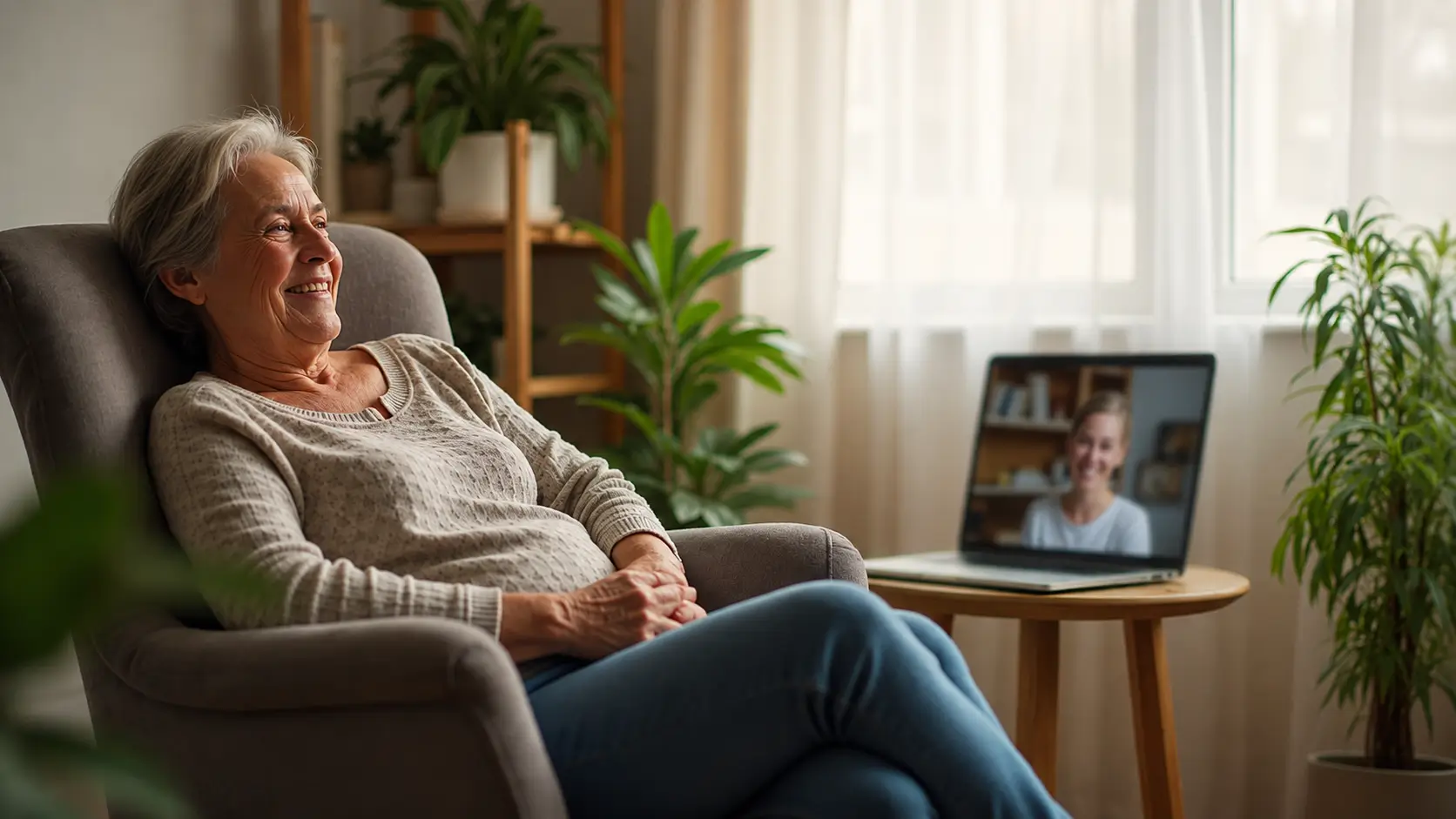 Older woman relaxing in a comfortable armchair while looking toward a laptop on a nearby table, with a video call visible on the softly blurred screen in a bright, cozy living room.