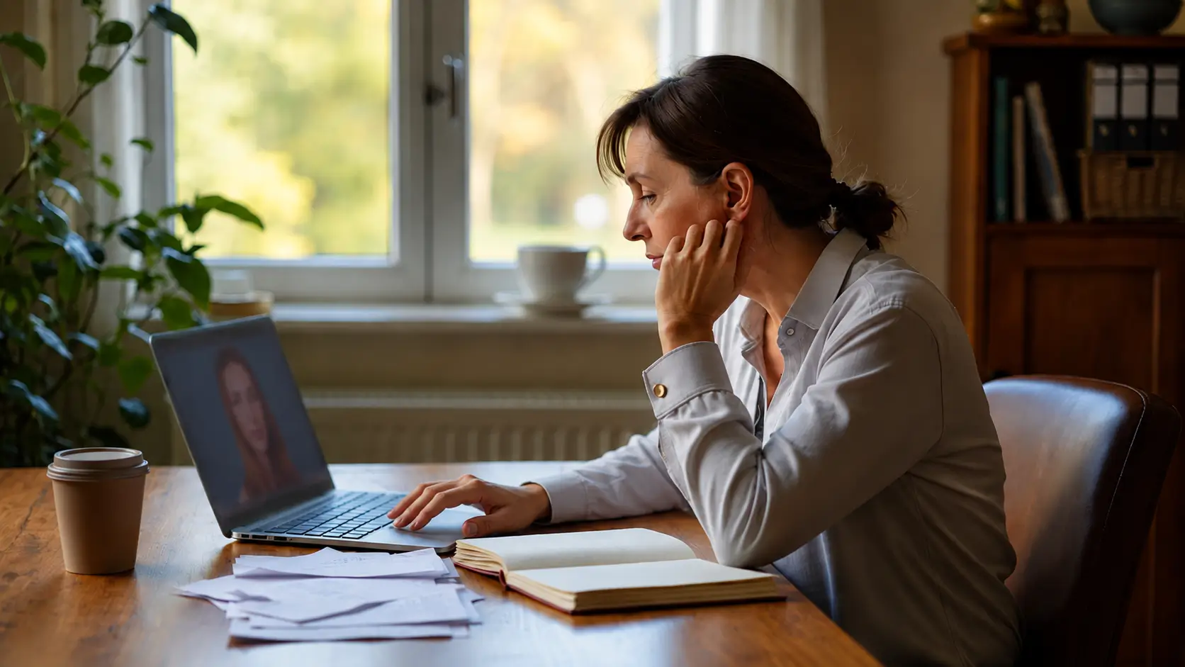 Woman sitting at a wooden desk with one hand resting against her face while using a laptop for a video call in a cozy home office, with plants, papers, a notebook, and a coffee cup nearby.