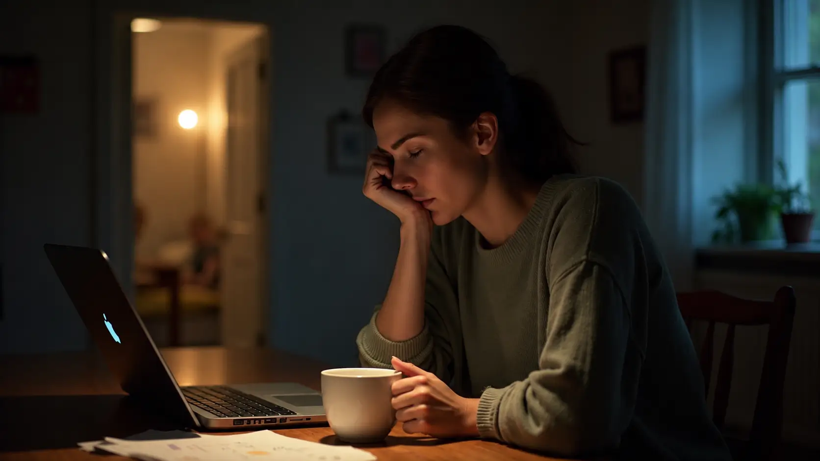 Woman in a green sweater sitting at a wooden table with a laptop and coffee mug, resting her head on one hand in a dimly lit room during a late-night work session.