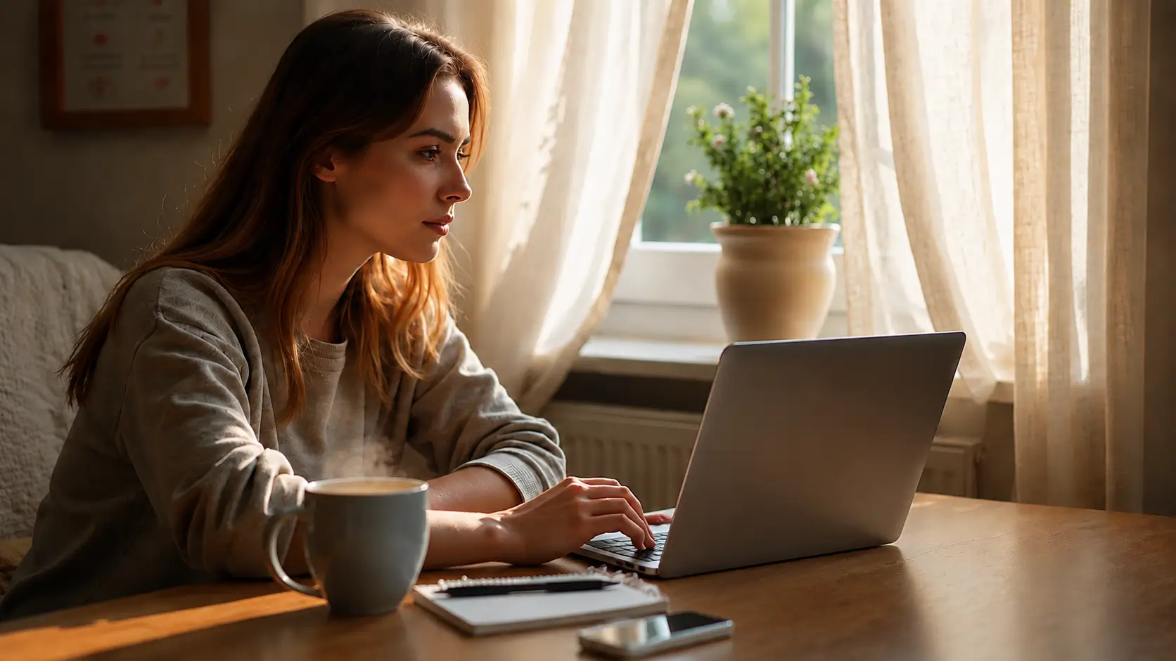 Woman sitting at a table and working on a laptop in a warmly lit home office, with a steaming coffee mug, notebook, smartphone, and potted plant nearby.