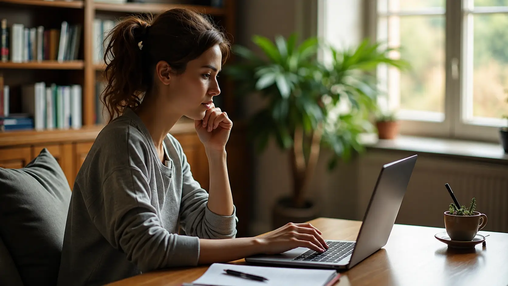 Woman sitting at a desk using a laptop in a cozy home office, with one hand resting near her face and the other on the keyboard, surrounded by books and plants.
