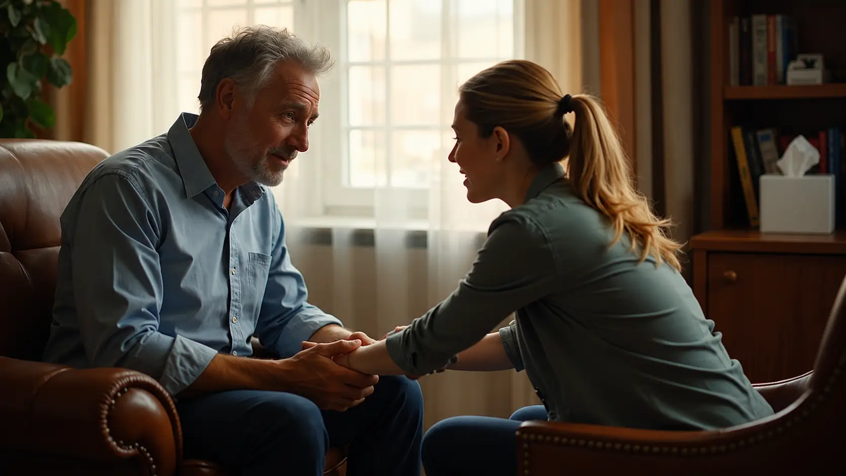 Older man and woman sitting together in comfortable chairs and holding hands during a supportive conversation in a warmly lit room.