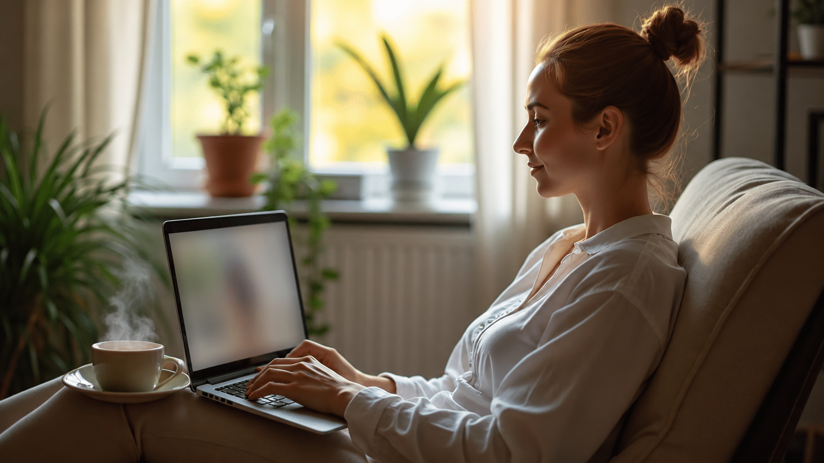 Woman relaxing in an armchair and looking toward a laptop during a video call, with a cup of coffee nearby in a bright, comfortable room.