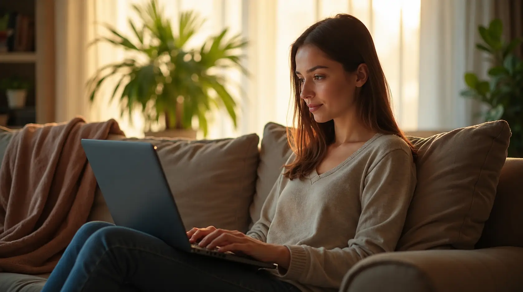 Woman relaxing in an armchair and looking toward a laptop during a video call, with a cup of coffee nearby in a bright, comfortable room.