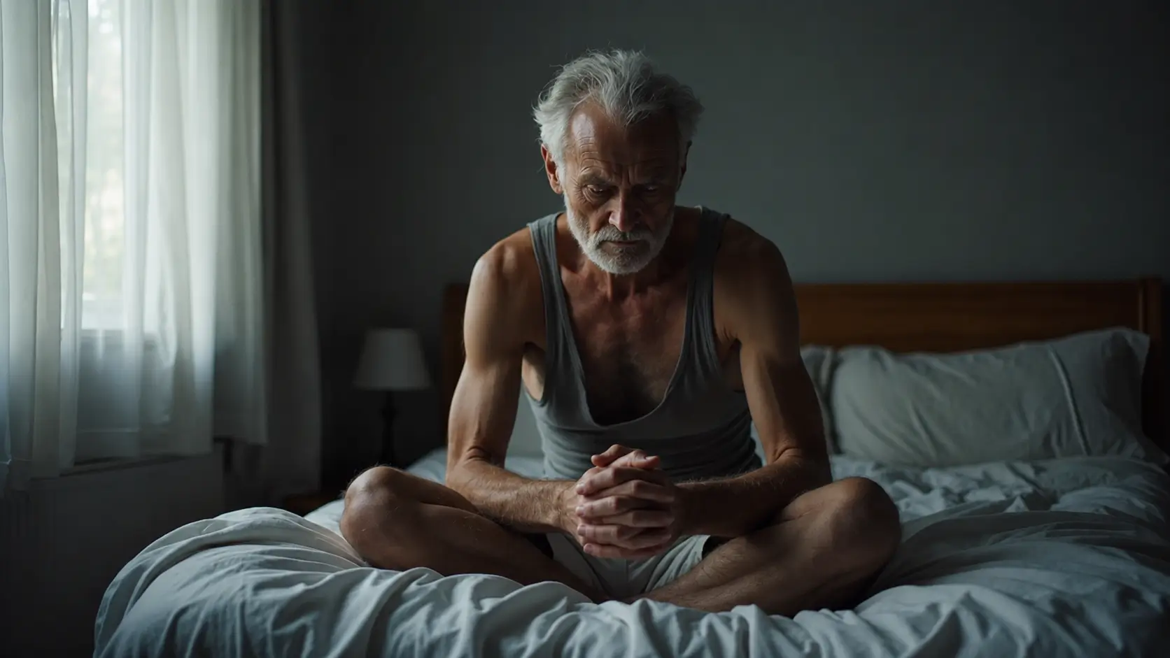 Older man sitting thoughtfully on a bed with his hands clasped, looking down in a softly lit bedroom.