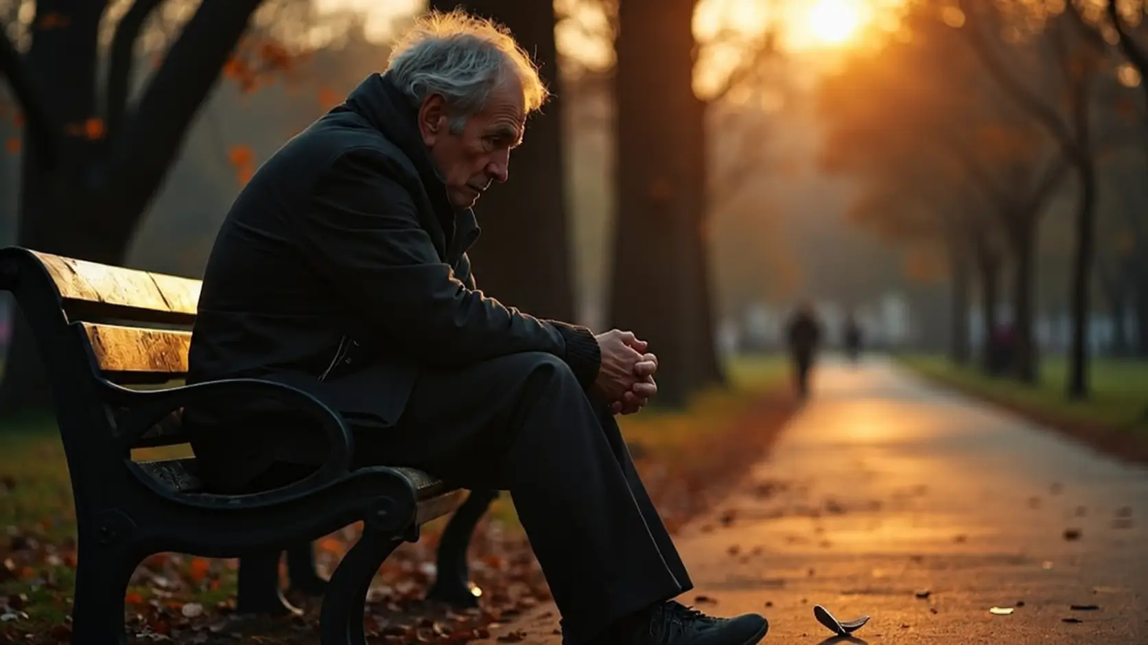 Elderly man sitting thoughtfully on a park bench beside a sunlit autumn path.