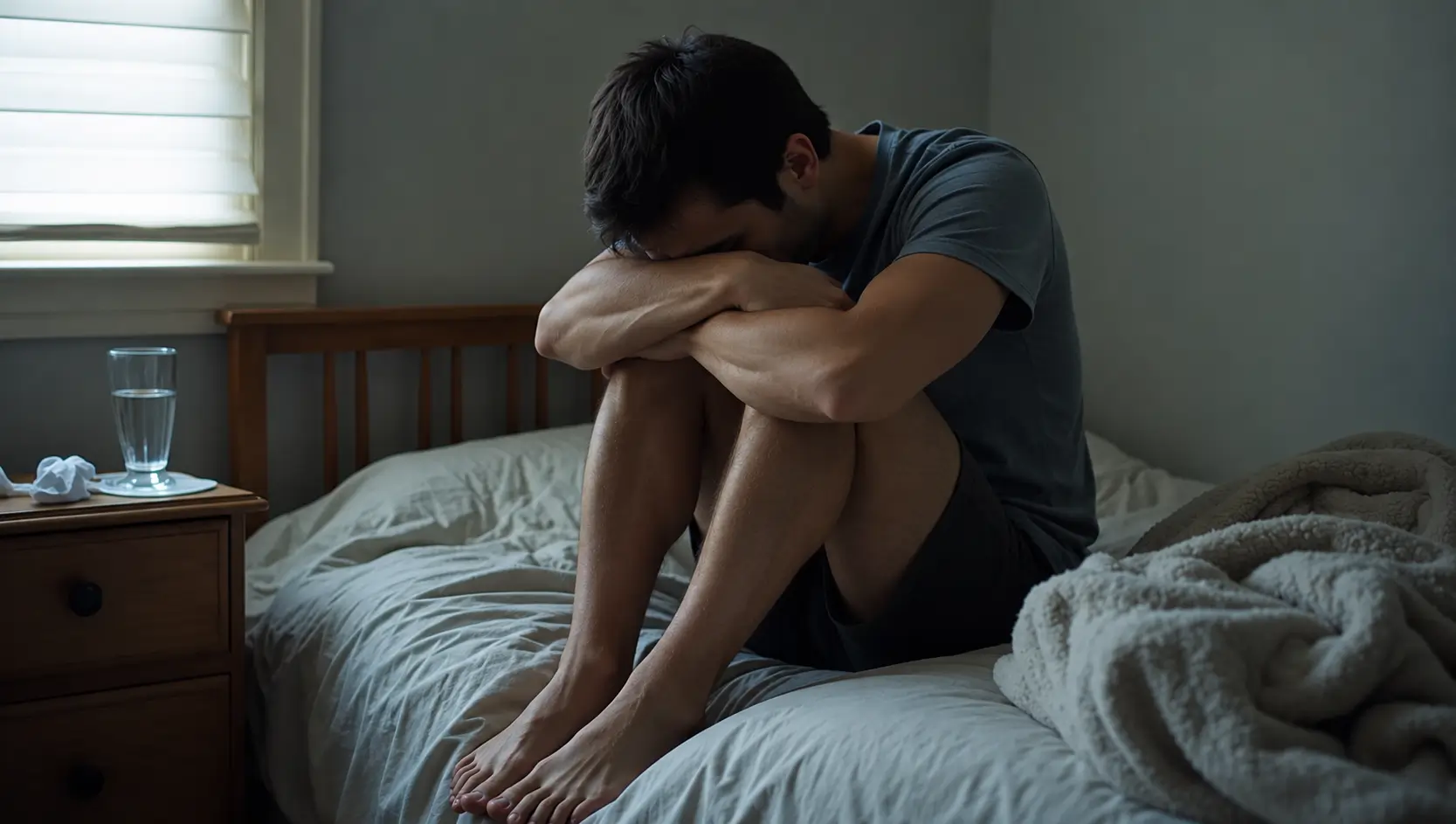 Young man sitting on a bed with his knees drawn up, wearing a dark T-shirt and resting his head on his folded arms in a dimly lit bedroom.