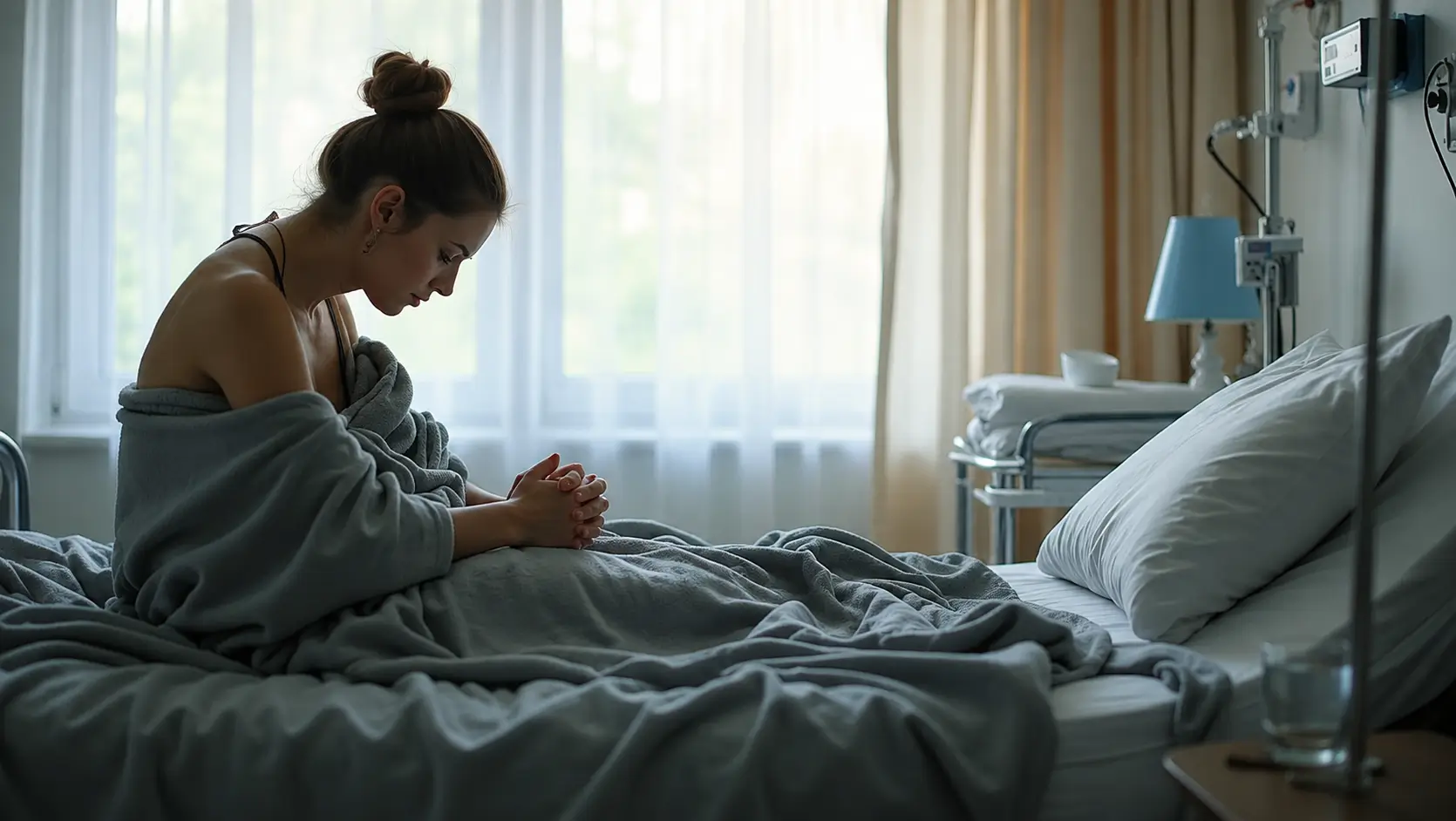 Woman sitting on a hospital bed with her hands clasped, looking down thoughtfully
