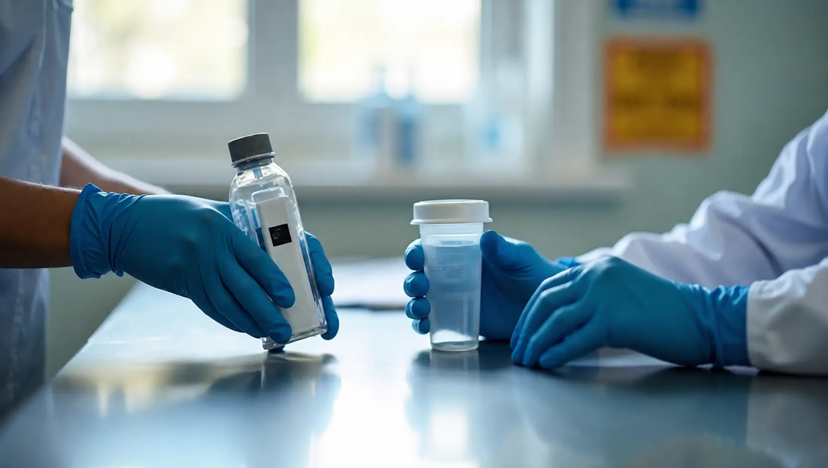 Two laboratory workers in blue gloves handling and examining specimen containers on a clinical countertop.