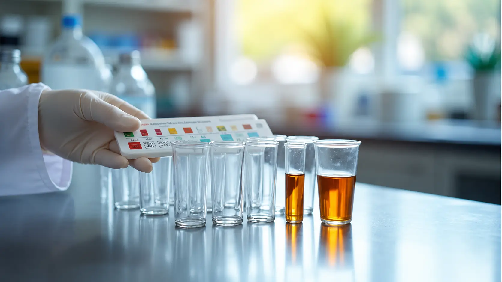 Gloved laboratory worker holding a testing chart over several clear sample containers, including two with amber liquid.