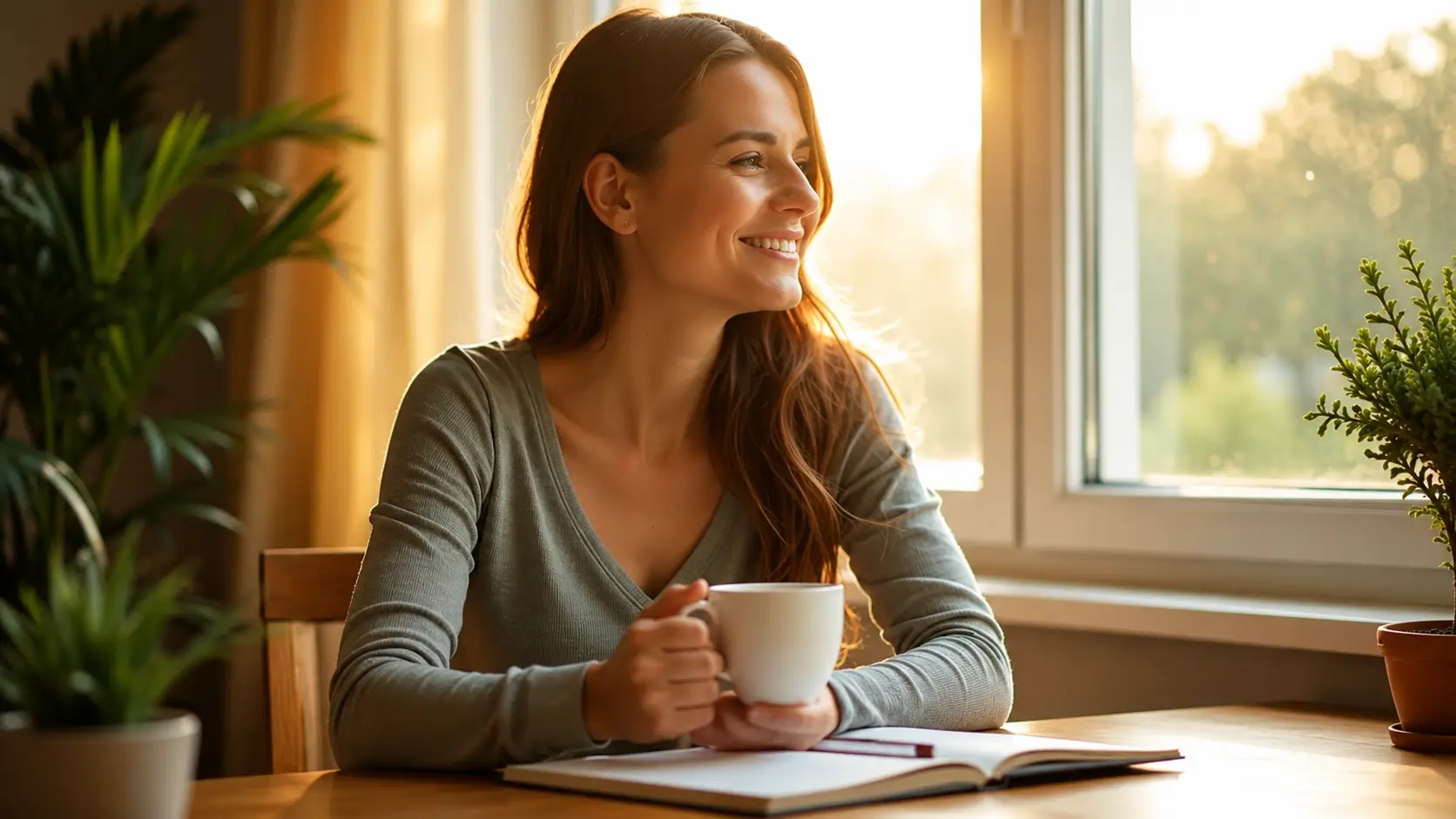 A smiling woman sits at a wooden table by a sunny window, holding a white coffee mug beside an open notebook.