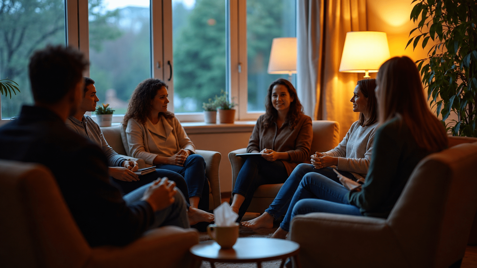 Small group of adults seated in a circle during a counseling or support group session, talking in a cozy, softly lit room with large windows and comfortable chairs.