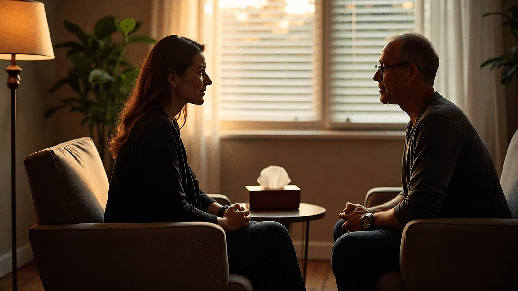 Therapist and client seated across from each other in comfortable chairs, engaged in a private counseling session in a warm, softly lit office with a tissue box on the table between them.