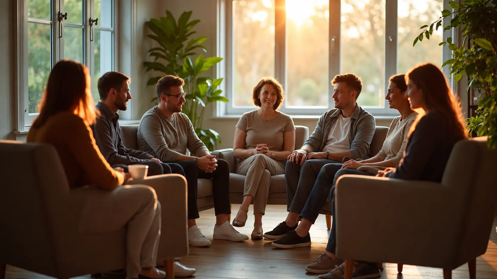 Diverse group of adults seated in a circle during a group therapy or support meeting in a bright, sunlit room with large windows, comfortable chairs, and indoor plants.