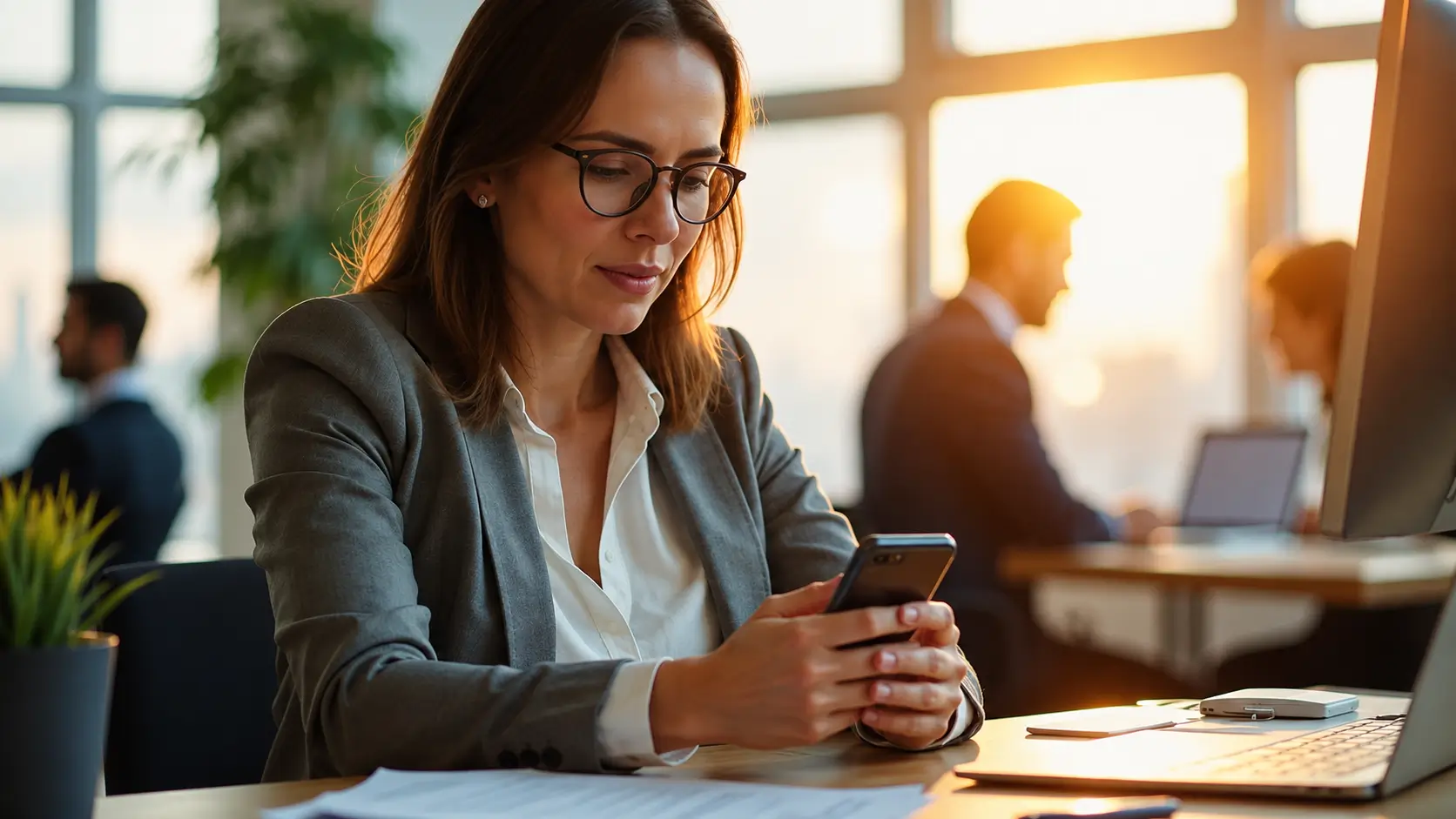 Woman wearing glasses and a gray blazer using a smartphone while seated at a desk in a modern office, with a laptop, paperwork, and coworkers blurred in the background during warm sunset lighting.