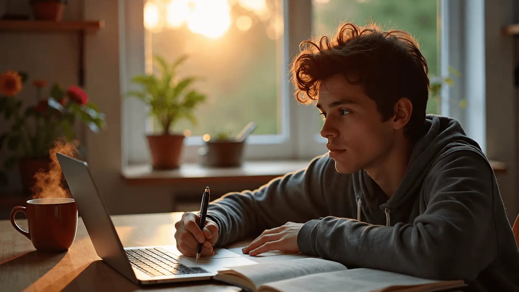Young man in a gray hoodie writing in a notebook while using a laptop at a wooden desk with a steaming coffee mug in a cozy, sunlit home study.