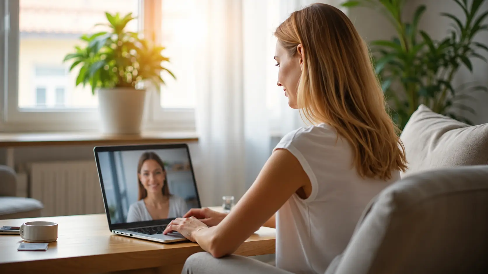 Woman seated at a wooden desk using a laptop for a video call in a bright, cozy home office with plants, a coffee cup, and soft natural light.