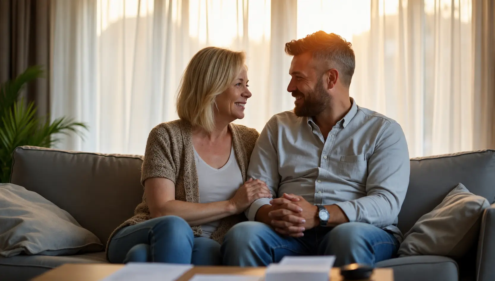 A smiling couple sits closely together on a sofa, holding hands and looking affectionately at each other in a warmly lit living room.
