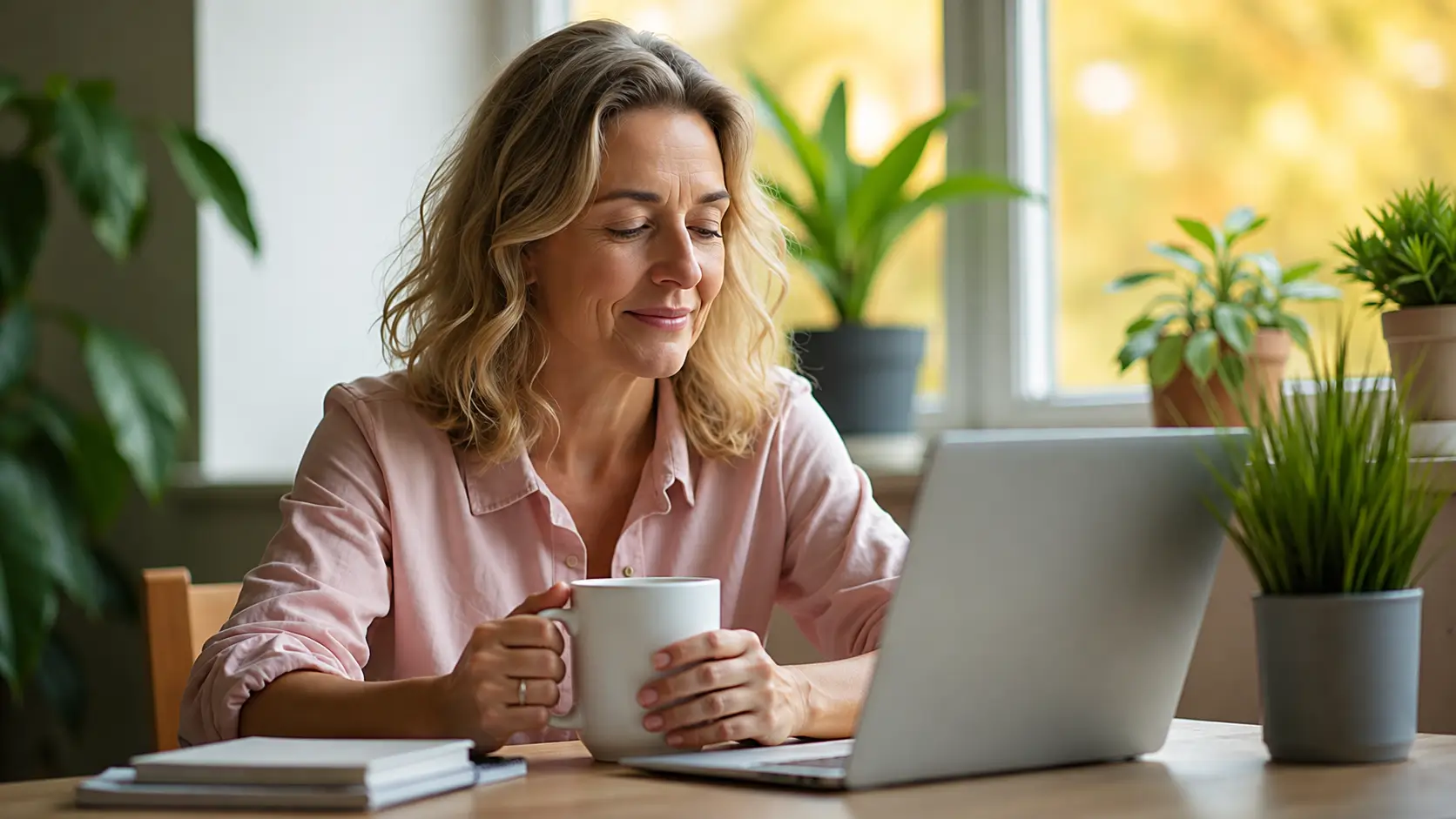 Middle-aged woman in a pink shirt holding a white coffee mug while seated at a desk with an open laptop in a bright, plant-filled home office.