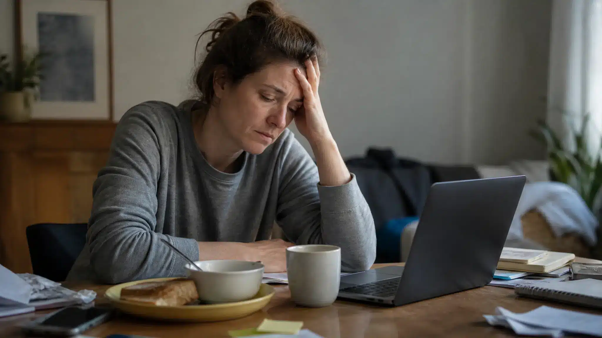Stressed woman sitting at a table with a laptop, papers, and an unfinished meal