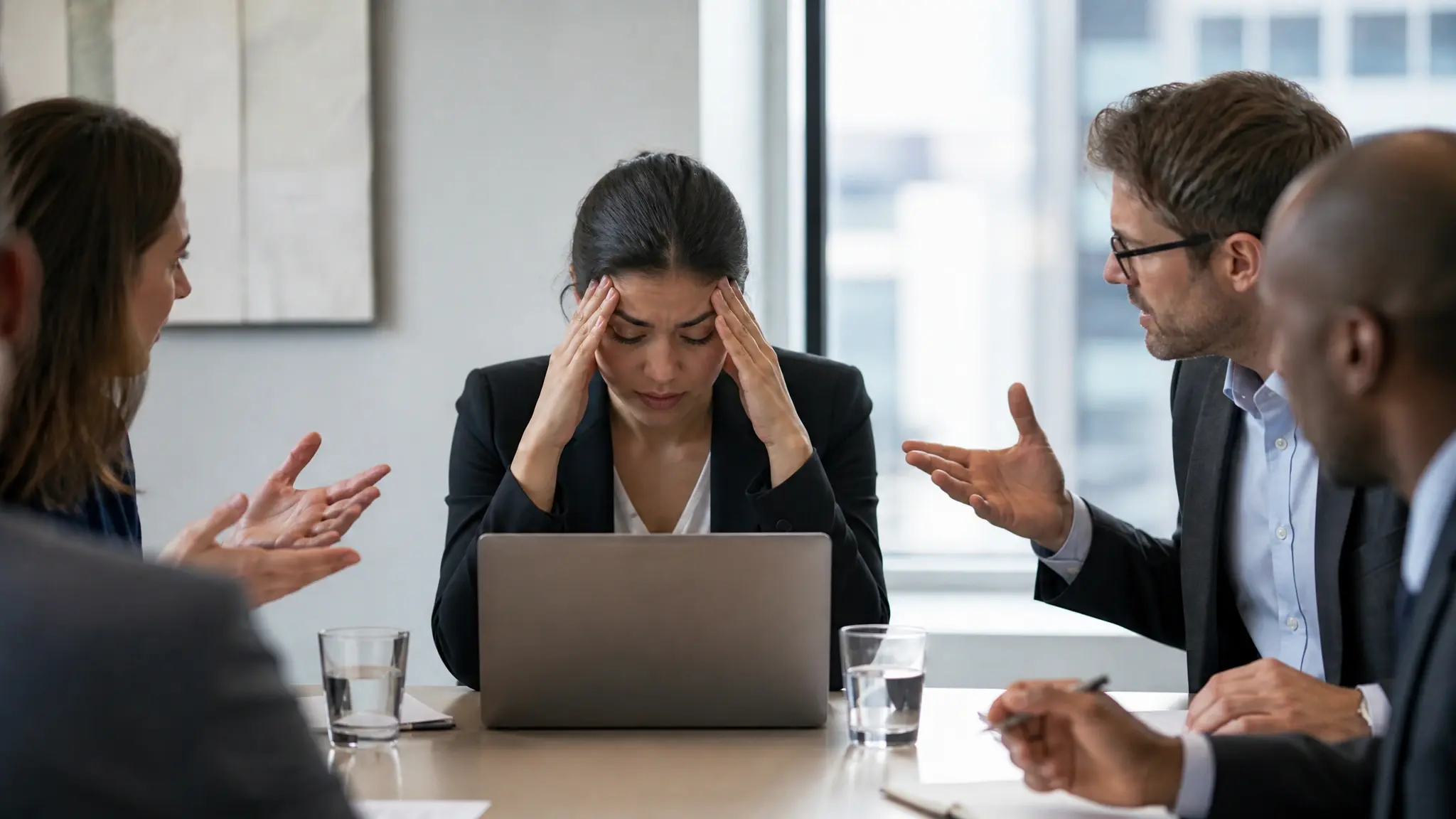 Stressed businesswoman holding her temples during a tense office meeting with colleagues