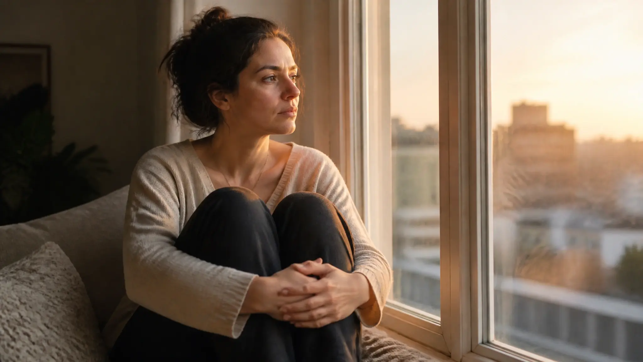 Thoughtful woman sitting by a window at golden hour with hands clasped, reflecting quietly in a calm indoor setting