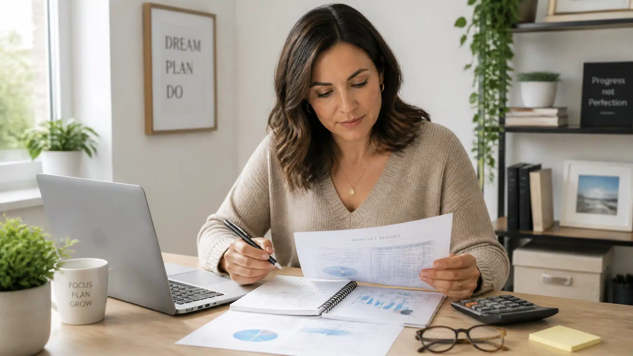 A woman reviewing financial documents at a desk, with a laptop, calculator, and glasses nearby, in a bright home office.