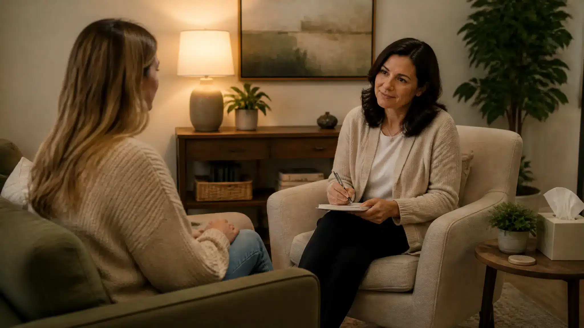 Two women having a private counseling conversation in a warm room