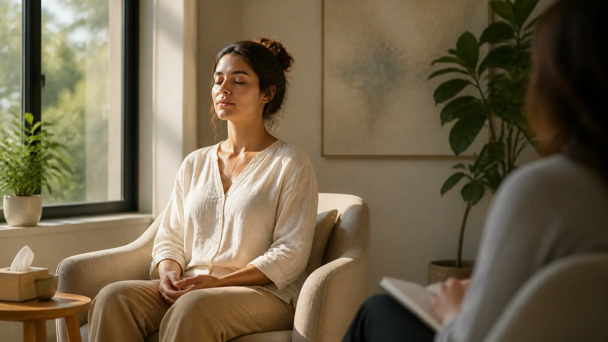 Woman practicing mindful breathing during a private counseling session