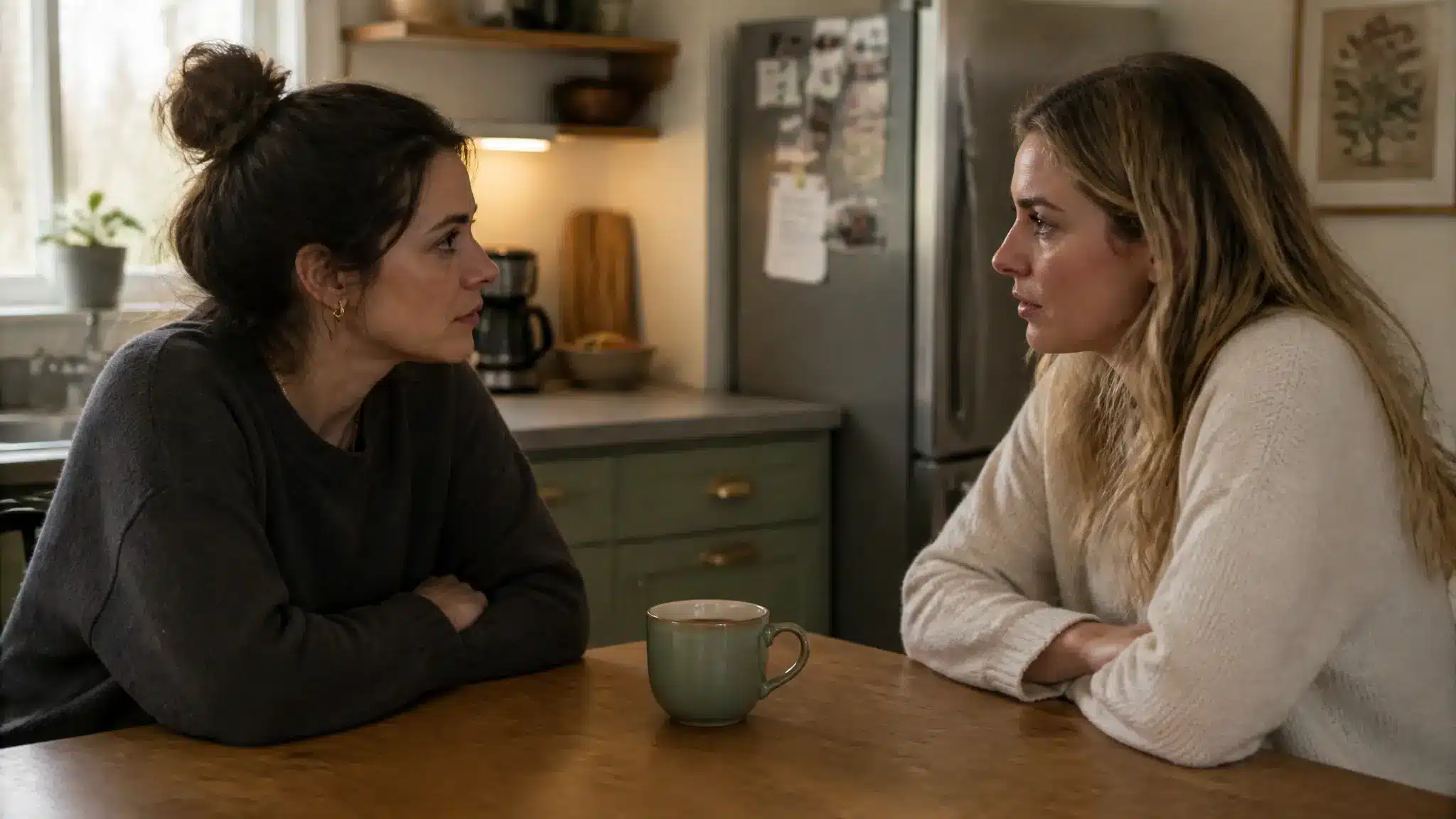 Two women having a serious, supportive conversation across a kitchen table in a warm home setting.