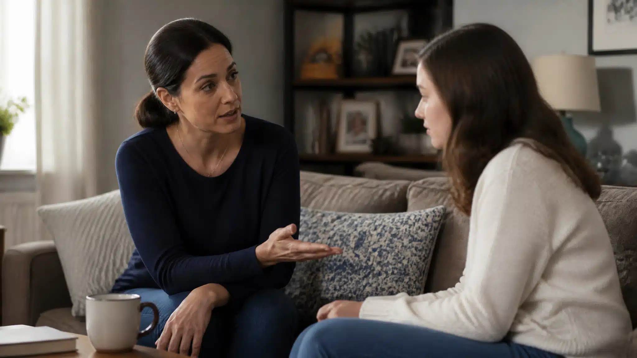 Concerned adult speaking supportively with a loved one in a quiet living room, calm expressions, private family conversation, realistic home setting.