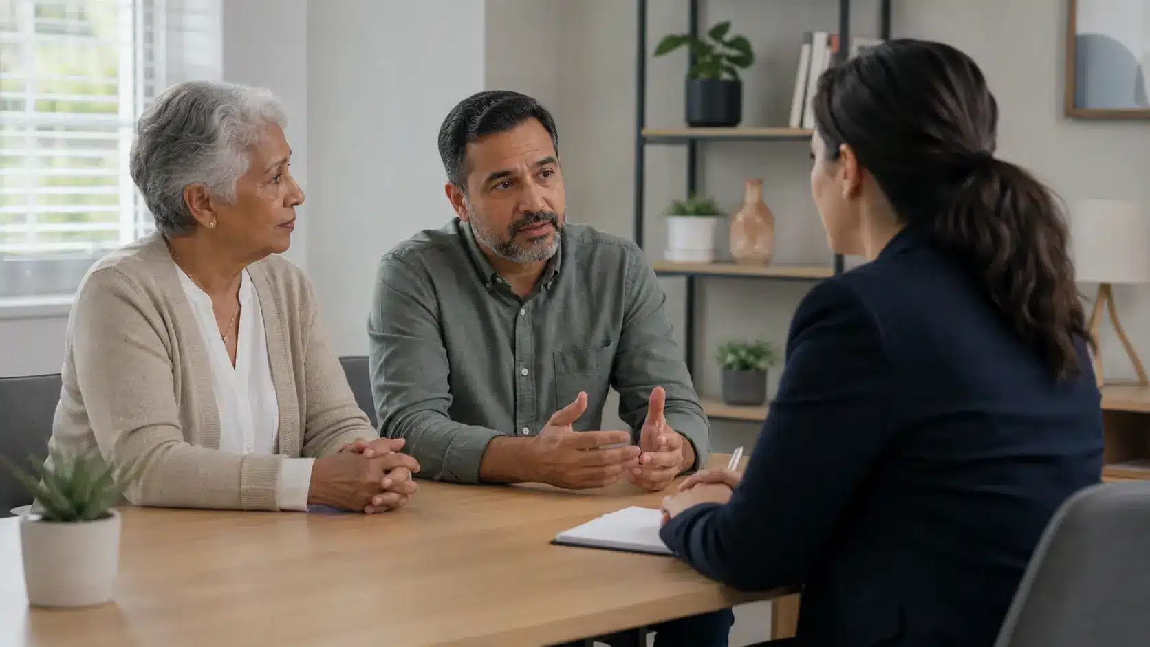 Older woman and middle-aged man speaking with a counselor across a table