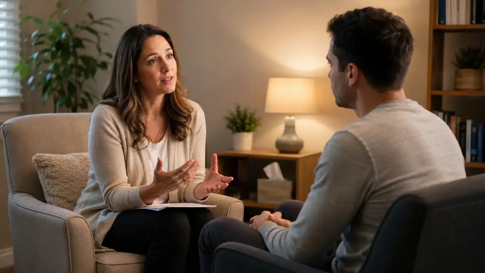 Woman speaking with a man during a private counseling session in a warm room