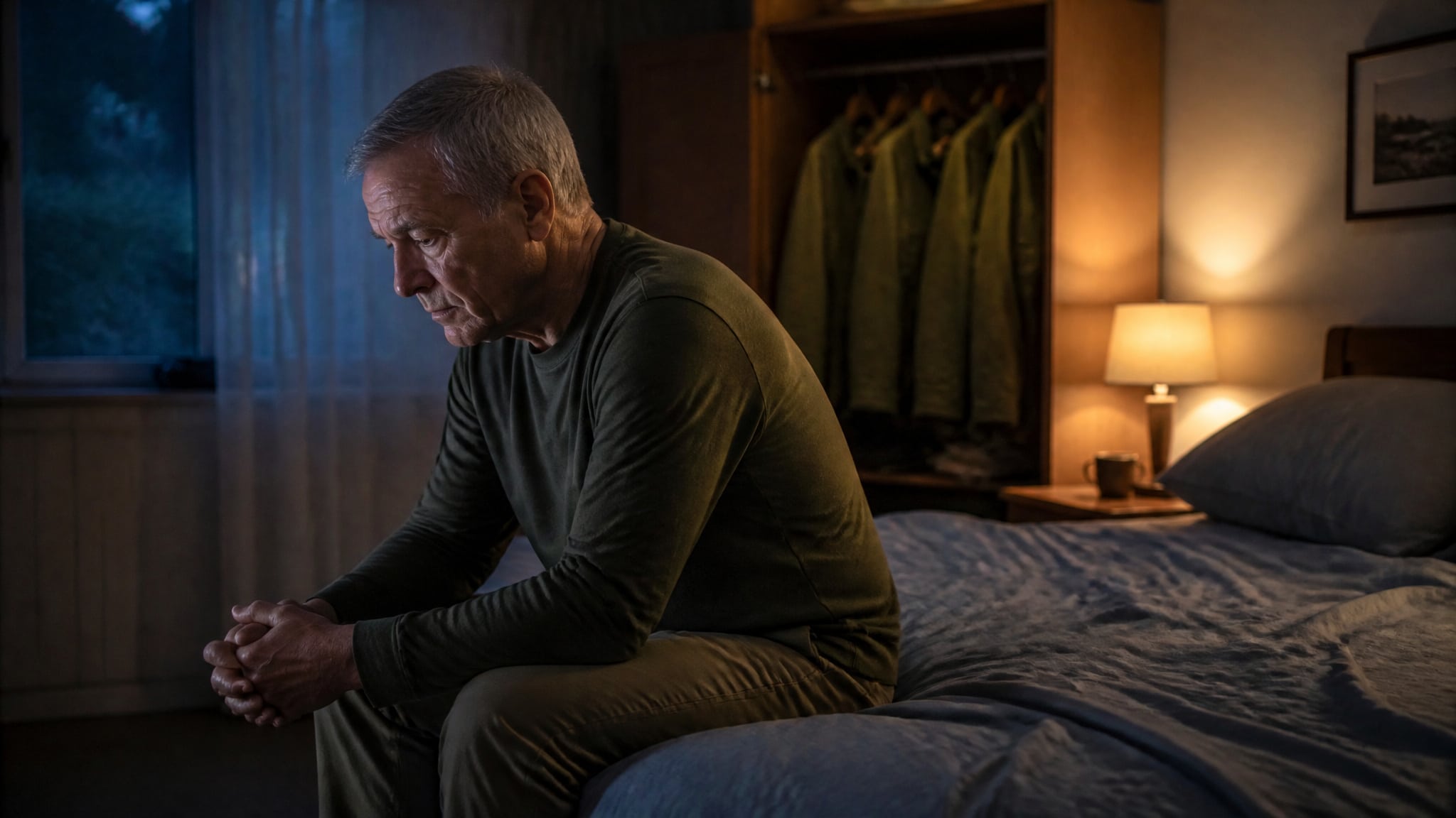 Elderly man sitting alone on a bed at night with a worried expression.