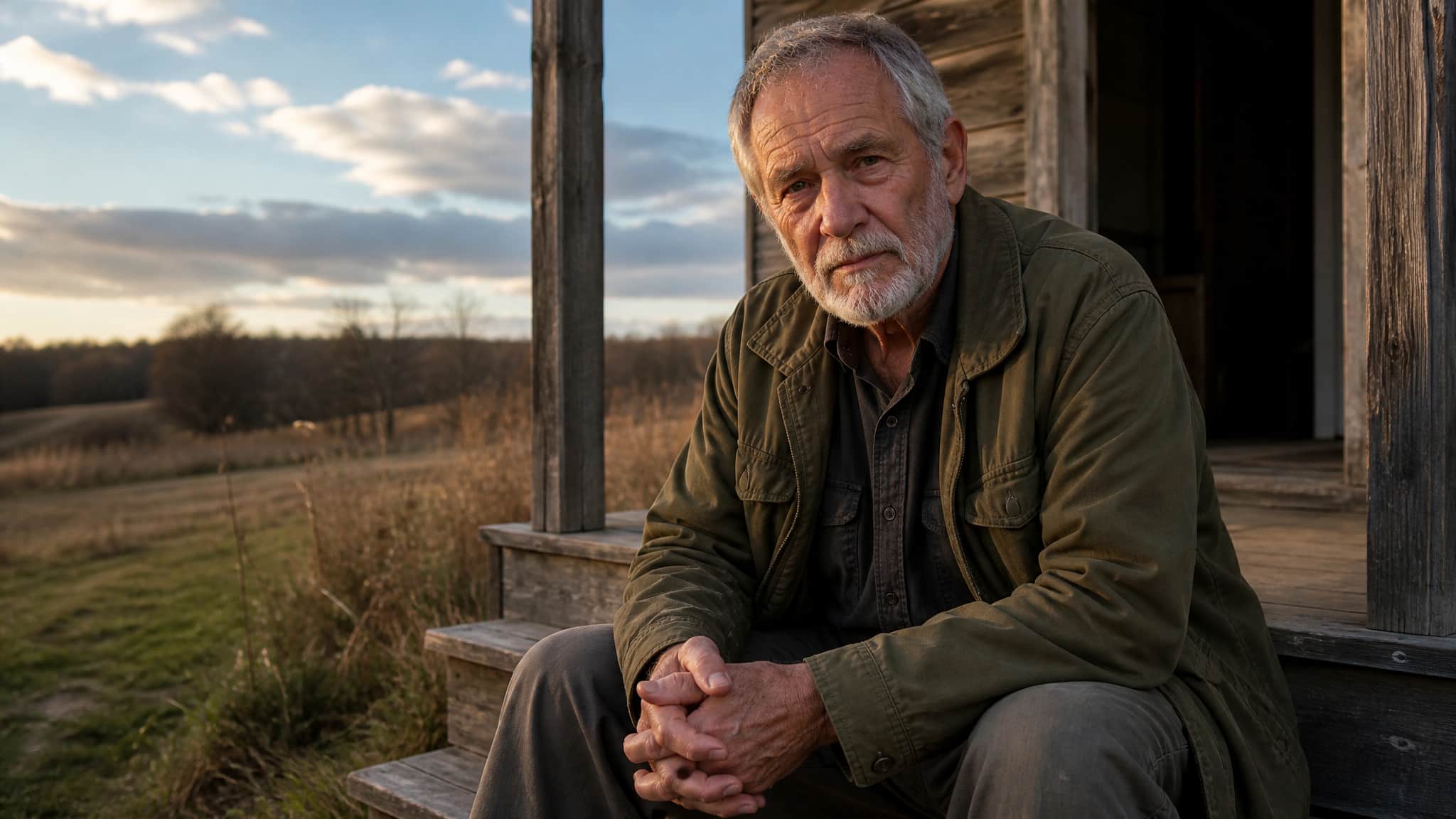 Elderly man sitting alone on wooden porch steps with a thoughtful expression.