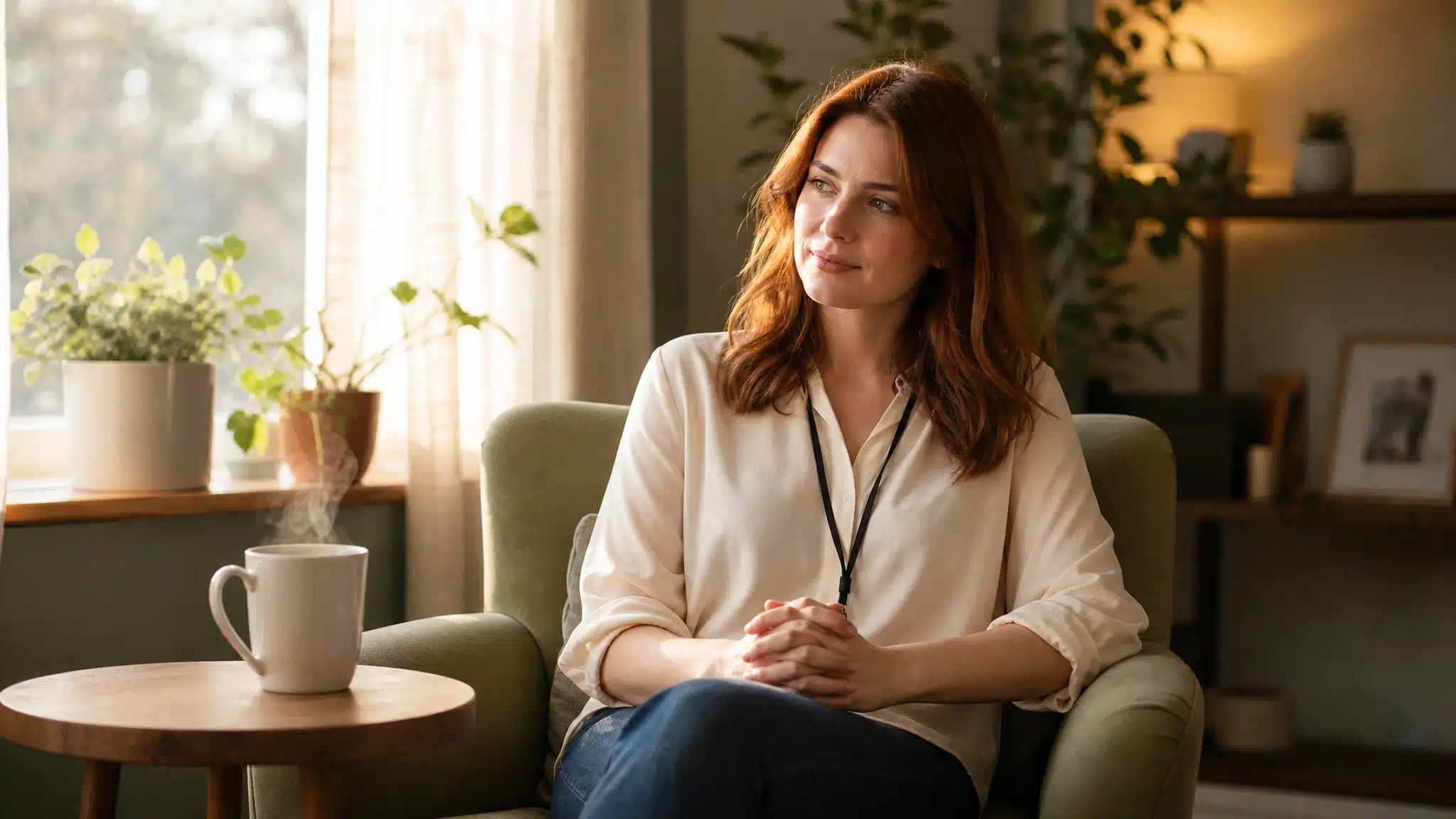 : Woman sitting calmly in a comfortable chair during a mental health counseling session.