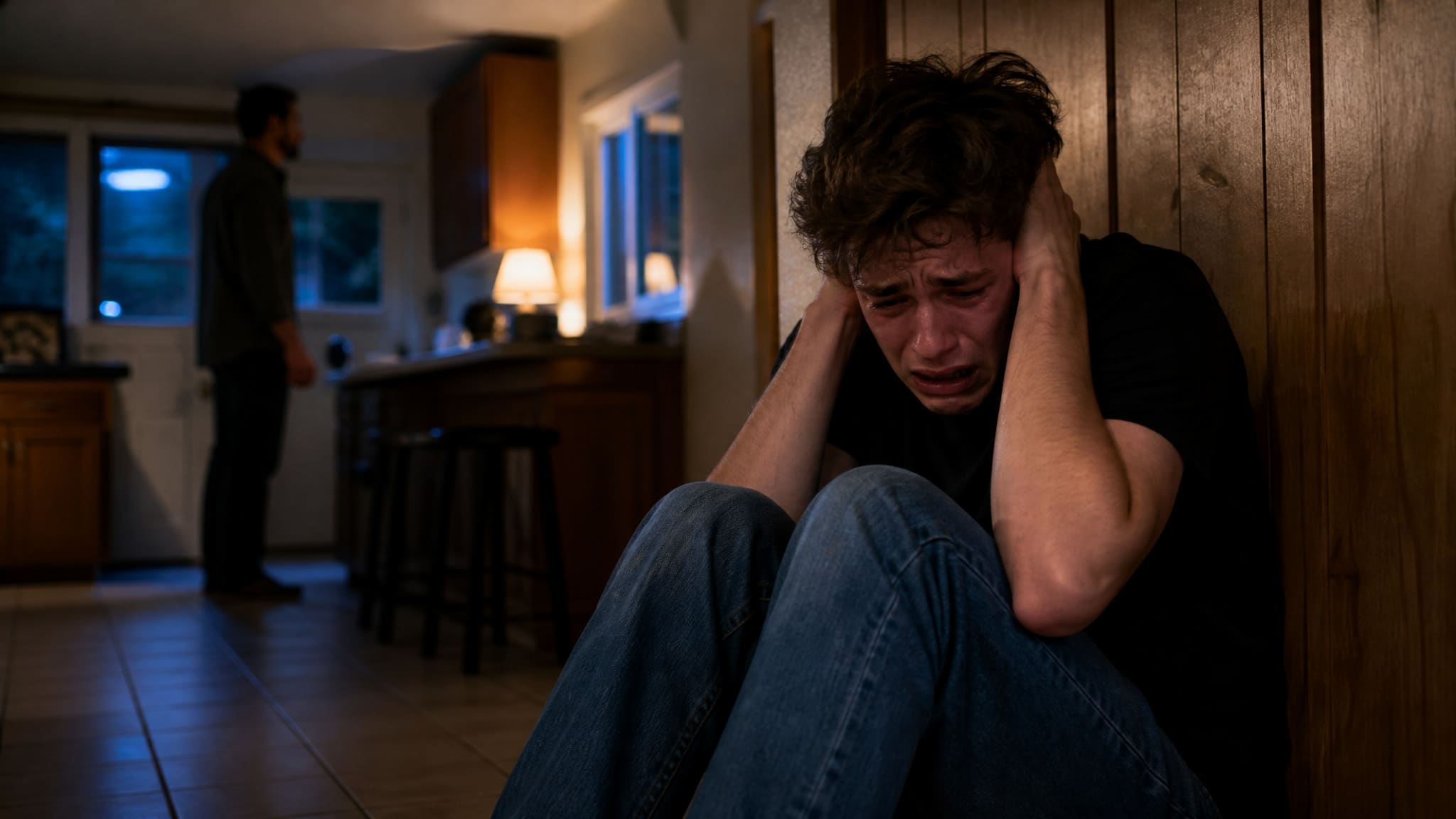 Distressed young man sitting on the floor covering his ears during an overwhelming moment at home.