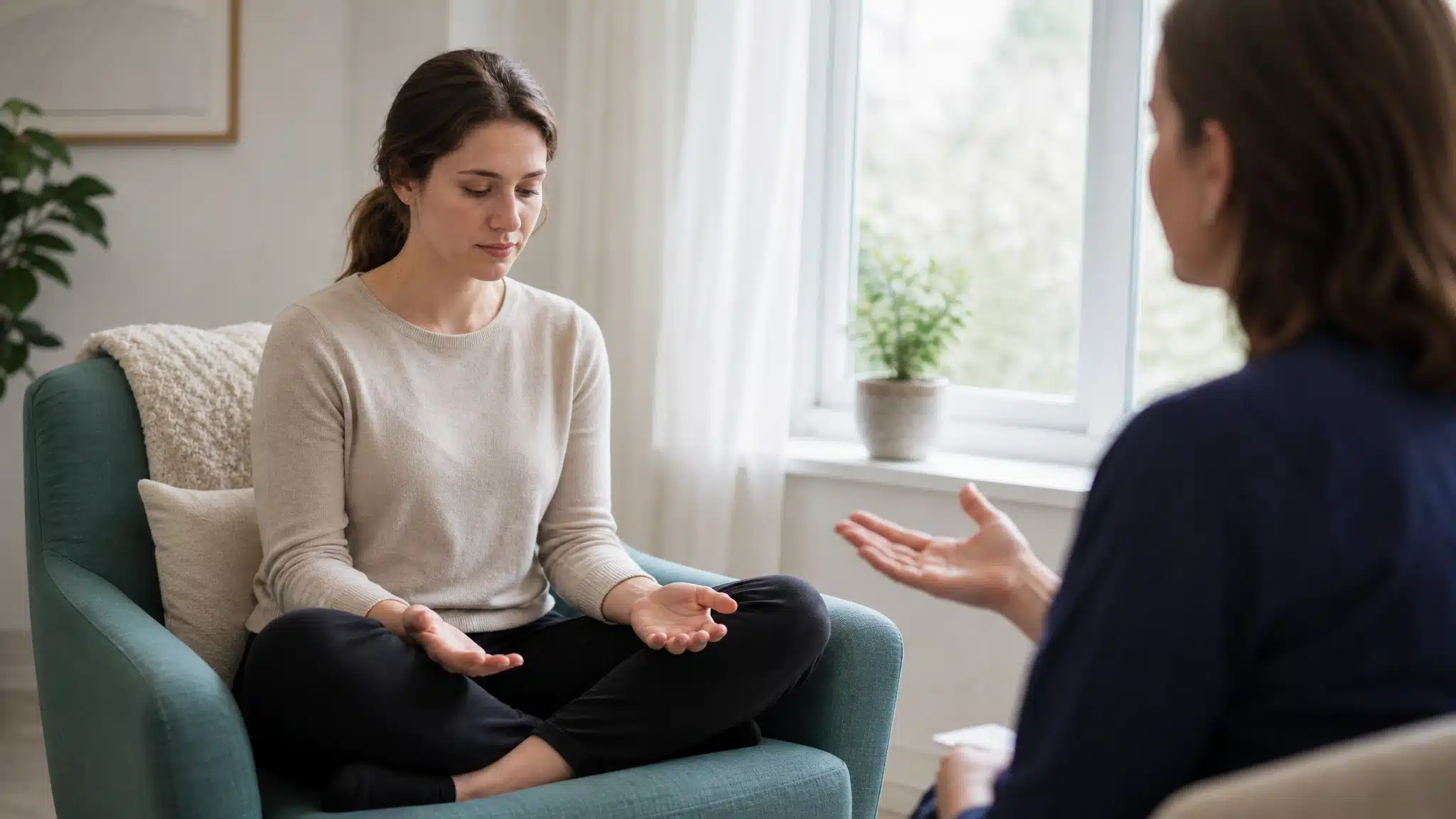 Young woman practicing mindfulness exercises with a therapist during a mental health counseling session.