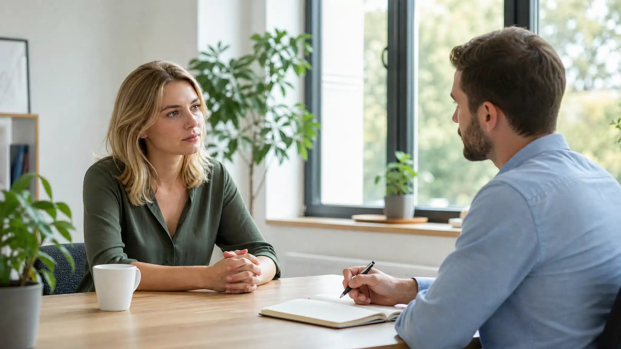 Woman discussing mental health concerns with a male therapist during an individual counseling session.